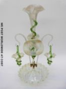 Vaseline glass epergne with three fluted vases flanked by two matching vases all with applied green