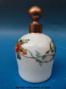 Two South Staffordshire opaque white milk glass scent bottles both with floral enamel decoration