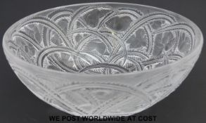Lalique Pinsons glass bowl decorated with sparrows amongst arched thorny branches,