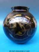 Bohemian glass vase of globular form with applied decoration of flowers and foliage on spinach
