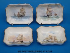 A set of four Royal Crown Derby shaped trinket trays hand decorated with sailing ship scenes,