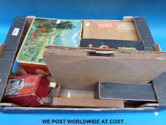 A quantity of vintage toys etc to include a c1950 boxed Nuffield tractor, toy microscope, iron,