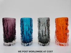 Four Geoffrey Baxter for Whitefriars textured bark cylindrical glass vases pattern 9689 in
