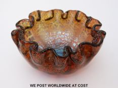 Stevens & Williams bowl of circular form with deep frill rim cased in ruby over clear crystal the