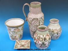 Five retro Denby pottery items including signed Glyn Colledge ewer and pin tray,