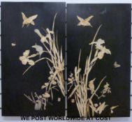 A pair of oriental Shibayama panels of birds and butterflies against flowers