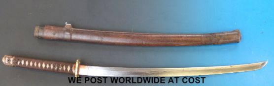 A Japanese WWII Katana or Samurai sword with shagreen and bound hilt (Scabbard 73.5cm, Blade 66.
