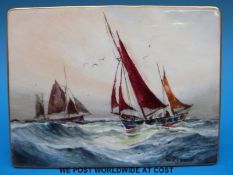 A Royal Crown Derby porcelain free standing plaque hand decorated with scenes of sailing ships