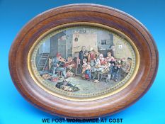 A large oval Prattware plaque with a violinist and audience, signed Austin,
