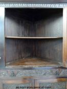 A double height corner cupboard with single carved door to top,