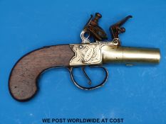 Clarke London brass hammer action flintlock pocket pistol with named and engraved locks and screw