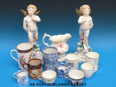 A collection of mainly 19thC porcelain and pottery to include a hand decorated dedicated pedestal