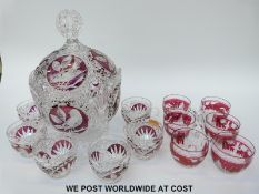 Hofbauer flash overlaid punch set with large lidded bowl and six glasses all decorated with birds