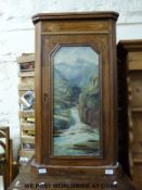 A 19thC walnut and inlaid pier cabinet with hand decorated panel (W51 x D33 x H91cm)