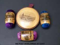 Four Mauchline ware pin cushions featuring Riggs Hotel, Windermere,