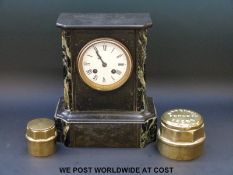A Victorian slate mantel clock, with green marbled decoration to case,
