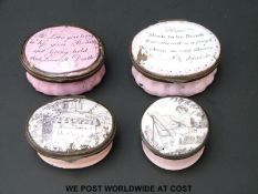 Four 18thC Bilston enamel pill boxes in pink,