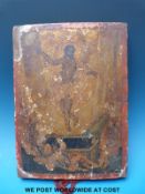 A hand-decorated Russian icon on wooden panel with gilded embellishment (H19 x W13.