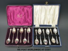 Two cased sets of six hallmarked silver teaspoons (106g)
