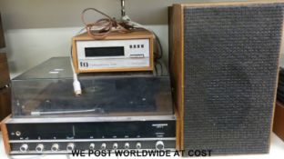 A Marconiphone 'table top' radiogram stereo unit with a pair of Thorn speakers and a Thorpe