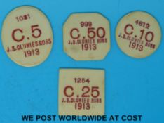 Four Cocos (Keeling) Islands ivorine tokens comprising canted square C50 serial no 999;