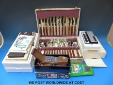 Retro wooden handled canteen of cutlery, early video game, xylophone,