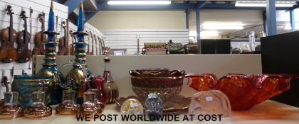 A collection of glassware to include a large Art glass vase, hand-decorated glass,