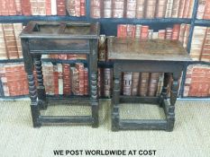 An antique oak peg jointed table (W49cm) together with a similar example converted to a