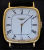 Longines gentleman's cushion shaped wristwatch with Roman numerals on cream face in gold plated