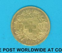 A 1927 gold 20 Franc coin Swiss coin
