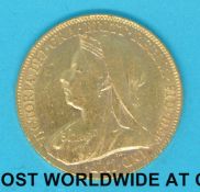 A cased 1899 Victoria veiled head gold full sovereign,