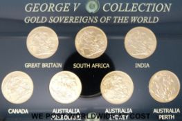 A cased set of George V Gold Sovereigns of the World, comprising seven gold full sovereigns,