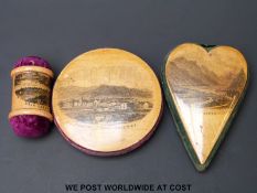 Three Mauchline ware pin cushions including a heart shaped example for St Cadvans Towyn,