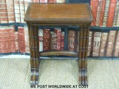 A 19thC inlaid mahogany nest of three tables with turned faux bamboo supports and bow shaped