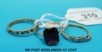 A yellow metal ring marked 18ct gold set with diamonds and two yellow metal rings marked 9ct gold