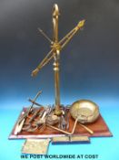A brass balance scale together with a quantity of flatware and two large bronze keys etc