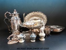 A quantity of plated items to include cruet sets, entre dishes, coffee pot and water jug,
