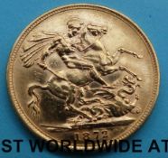 An 1872 Victoria young head gold full sovereign second reverse