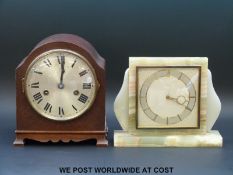 A two train Wurttemberg mantel clock and a Kenzle modern onyx mantle clock with moon hands