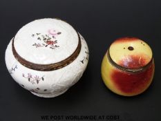 An unusual 18thC enamel patch box of baluster form with relief moulded and floral decoration