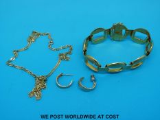 A 9ct gold bracelet, a 9ct gold necklace and a pair of yellow metal earrings (26.