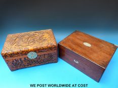 A 19thC mother of pearl inlaid mahogany work box and a carved box