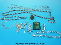 Three silver rope twist necklaces, two silver bracelets, a malachite pendant,