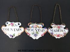 Three late 18thC large enamel wine labels comprising Madeira and two Mountain