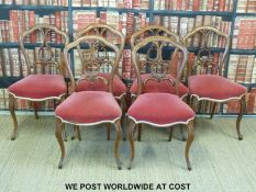 A set of six 19thC carved mahogany dining chairs with serpentine fronts and cabriole front legs