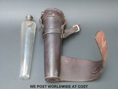 A Victorian hallmarked silver-mounted glass conical hunting flask in leather case,