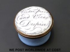 An 18thC Bilston enamel pill box 'Virtue Peace and Vice Despise'