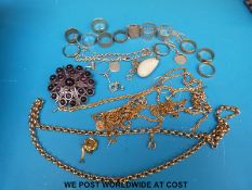 A quantity of chains, rings to include four silver examples, silver necklace,