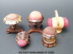 Three 19thC Tunbridge ware pin cushions including one modelled as a table,