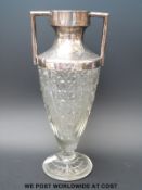 A cut glass hallmarked silver mounted twin-handled vase B'ham 1903 maker L Smith & Co (height 25.